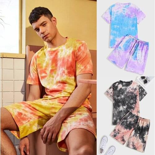 Men short sleeve casual suit Summer Men sets Tracksuit Tie-dye round neck 2PCS Sweat Suit T-Shirt + Shorts Sportsuit Wild tops