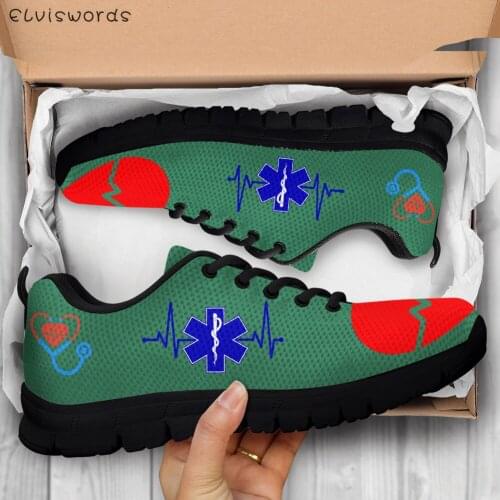 ELVISWORDS Women Green Paramedic EMT Print Flats Shoes Nursing Design Medical Heart Beat Casual Mesh Summer Sneakers for Female