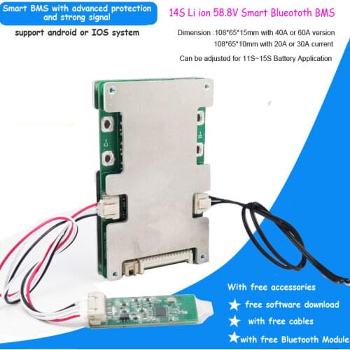 14S 58.8V Li ion battery Smart bluetooth software BMS with 20 to 60A constant current for electric scooter lipo or 18650 Battery