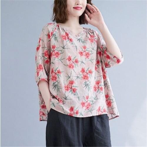 Fashion Spring Summer Retro Women Shirts Clan Style Casual Blouses Half Sleeve V-Neck Print Loose Tops Blusas MM0628