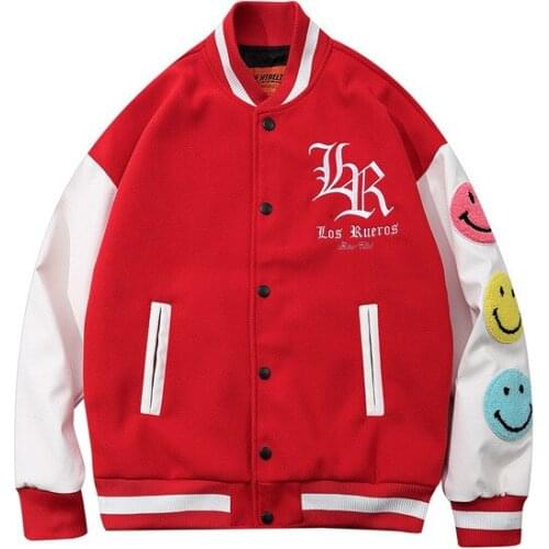 SEVEYFAN 2021 Vibe Cartoon Smile Face Embroidery Jackets Mens PU Leather Patchwork Baseball Coat