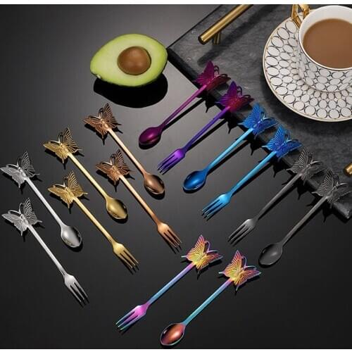 2021 Creative Butterfly Shaped Stainless Steel Fruit Appetizer Forks and Coffee Spoons Set for Cake Fruit Fork Dinner Dessert