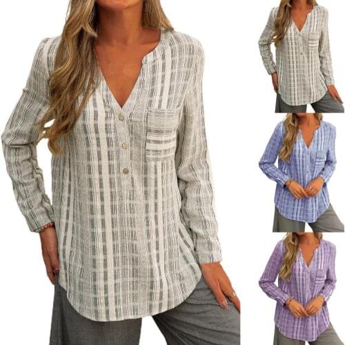 2021 New Women Shirt Stripe V Neck Skin-friendly Summer Pocket Blouse Long Sleeve Blouse for Daily Wear
