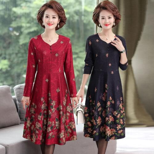 2021 New Autumn Winter Dress Womens Dress Middle-aged Plus Size XL-5XL Dresses for Women Femme Mid-length Printing Dress Y449