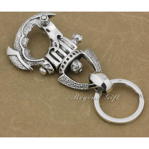 Huge Heavy 925 Sterling Silver Armor KeyRing Mens Boys Biker Rock Punk Keychain Belt Clip 8J018