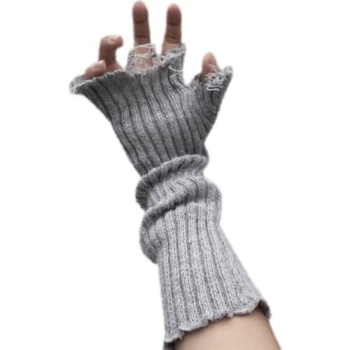 Punk Fingerless Gloves Knitted Long Sleeves Thumb Hole Stretchy Tattered Mittens