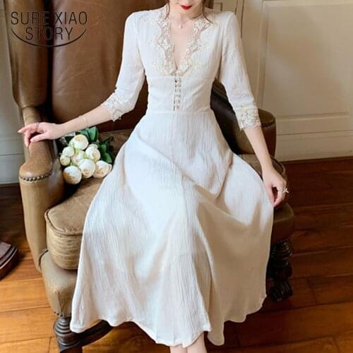 New Fashion French Lace Dress Women Elegant V-neck Long Sleeve A-line Midi Dresses Female Vestidos Autumn High Waist Dress 12759