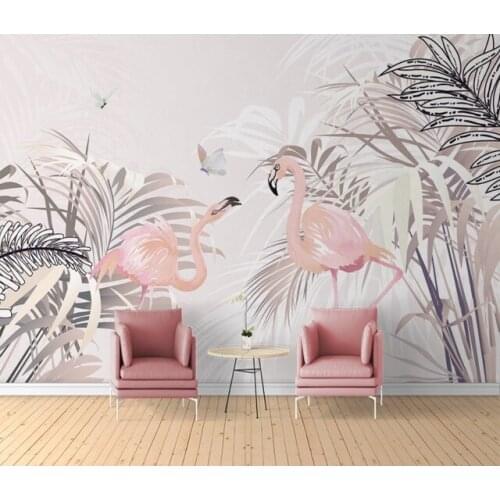 Custom Self Adhesive wallpaper photo Small fresh flamingo tropical leaves TV background home decoration 3D murals Waterproof