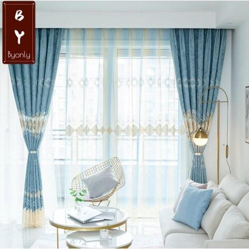 Modern Simple Light Luxury Diamond Blue Translucent Embroidered Chenille Curtains for Living Dining Room Bedroom