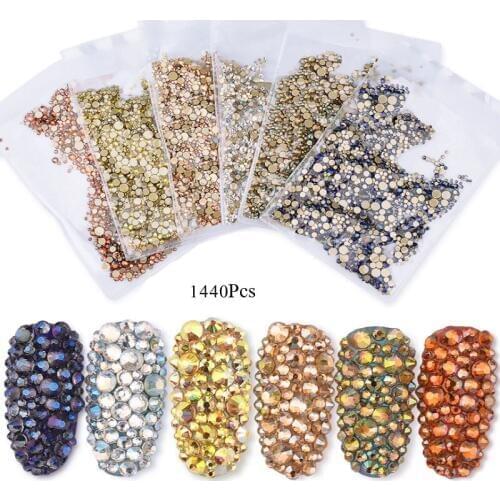 High Brightness Mixed Size 1440 Pcs Crystal Transparent AB Non-Thermal Modification Flat Bottom Diamond Nail 3D Decro