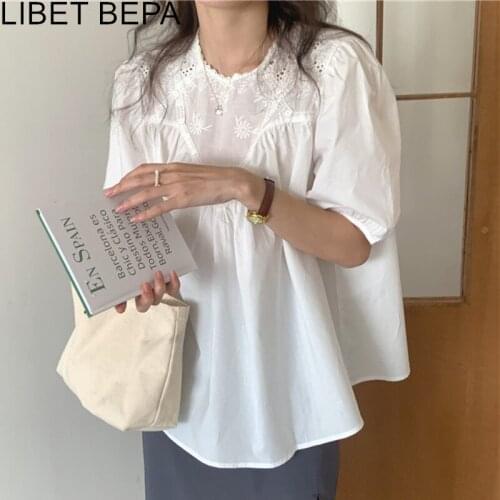 New 2021 Summer Women Blouse Fashionable Shirt Sweet Embroidery Oversize Elegant Wild Korean Style Lady Vintage White Top BL9228