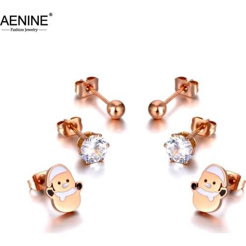 AENINE Trendy Original Design Stainless Steel Snowman Rhinestone Earrings 3Pair/Set Crystal Earrings For Women Girls AE20042