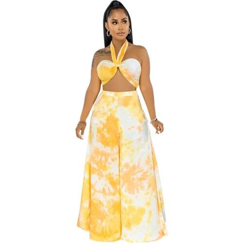 Yellow Tie Dye Print Two Piece Pant Suit Summer Outfits Fir Women Halter Backless Crop Tops and Loose Wide Leg Trouser Elegant