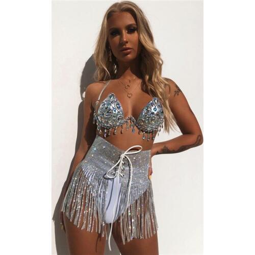 Women Sexy Club 2 Piece Outfits Crystal Gems Bikini Swimwear Set Shiny Diamonds Bandage Tassel Mini Skirt Matching Sets