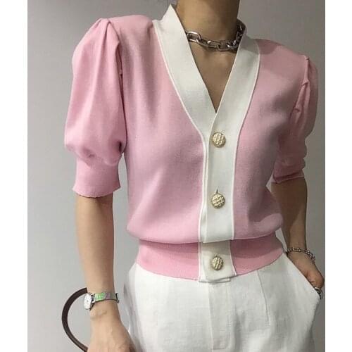 2021 New Summer Knit Pink Cardigan V Neck Long Sleeve Single Breast Pull Femme Hit Color Patchwork Sweaters for Women Sueter