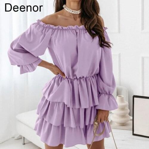 Deenor Autumn Women Mini Dress Solid Sexy off Shoulder Office Lady Party Dress Fashion Elegant Ruffle Long Sleeve Dress