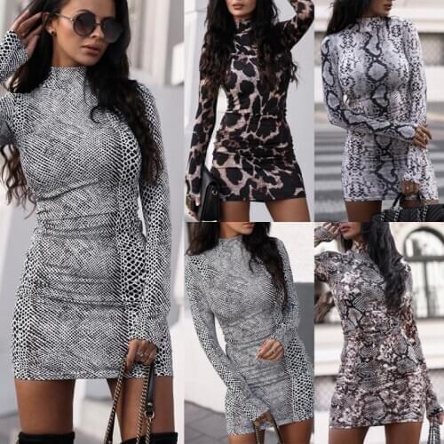Womens Snake Print Stand Neck Slim Dress Autumn 2021 New Fashion Hip Pack Mini Leopard Print Pullover Long Sleeve Plus Size