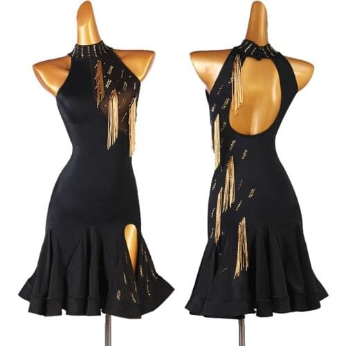 Customized Ladies Latin Dance Dress Black Rhinestone Fringe Backless Dress Salsa Rumba Professional Competition Costume LT1044