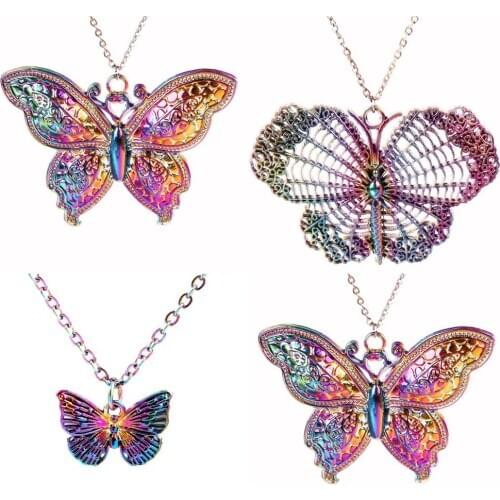 1pcs Rainbow Color Alloy cute big Butterfly Necklace free Stainless Steel Chain DIY Butterflies Jewelry Women Girl gifts