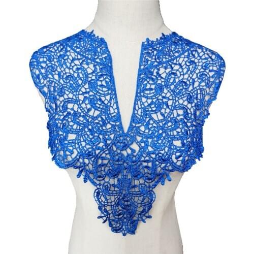 42CM Royal Blue Embroidered V Collar Appliques Hollow Carved Lace Trims Fabric Trimmings Sew On Patches For Wedding Dress DIY