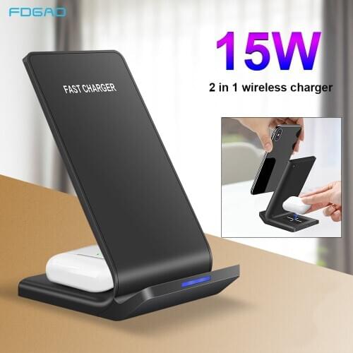 FDGAO 15W 2 in 1 Qi Wireless Charger Stand For iPhone 12 11 XS XR X 8 Airpods Pro Fast Charging Station for Samsung S20 S10 Buds
