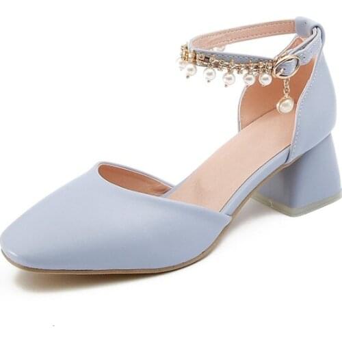 Big Size 9 10 11ladies high heels women shoes woman pumps Square-headed pearl strap buckle single shoe