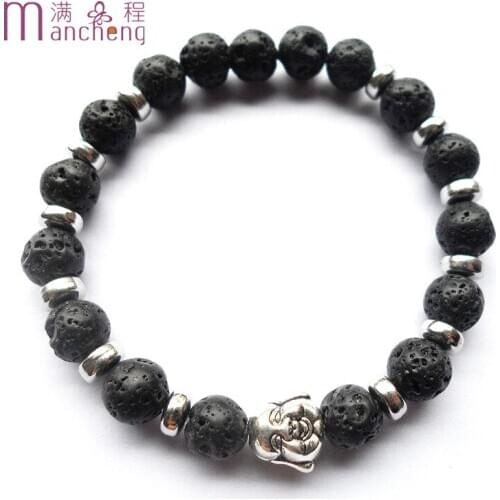8MM Natural volcanic stone religion Skeleton Buddha head beads Bracelet for women Chakra Natural Stone Yoga Bracelet men