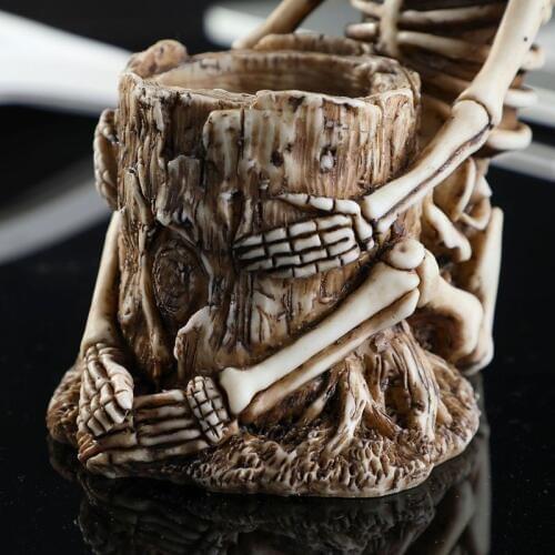 Skull Pen Holder Skeleton Makeup Brush Pencil Storage Home Office Desk Organizer K92C
