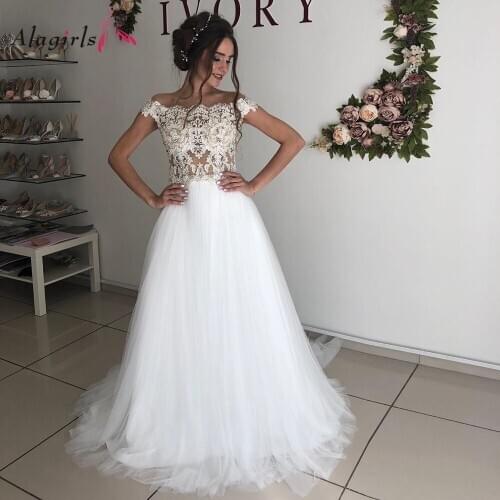 Elegant Appliques Beaded Wedding Dress Off Shoulder Bride Dress Sexy Illusion back Vestidos Plus Size 2020