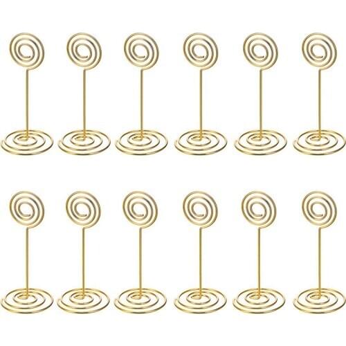 FGGS-12 Pack Table Number Card Holders Photo Holder Stands Place Paper Menu Clips, Circle Shape (Gold)