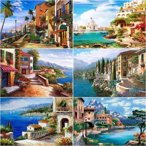 GATYZTORY Painting By Number Villa Scenery HandPainted Kits Drawing Canvas DIY Oil Pictures Seaside Landscape Home Decor Gift
