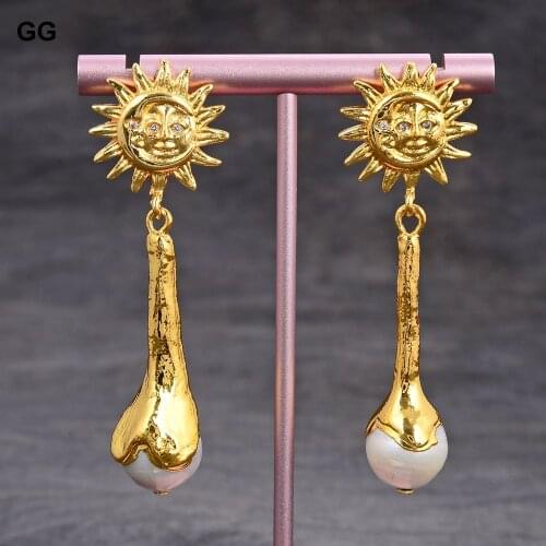 GG Jewelry 12x38MM White Keshi Pearl Yellow Gold Plated Earrings