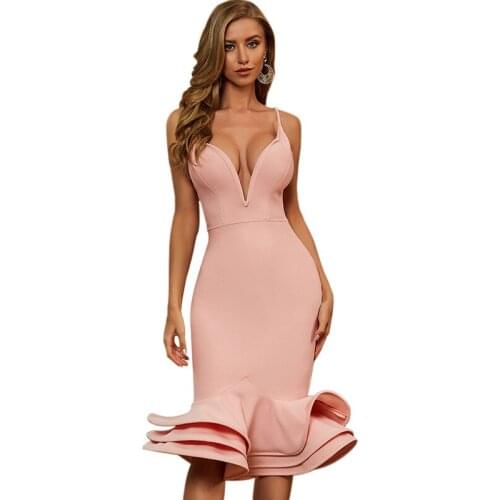Glamorous Mermaid Deep V Neck Pink Ruffles Cocktail Dresses Knee Length Dew Shoulder Spaghetti Straps Zipper Up Gown Women