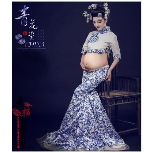 China Qing Hua Ci Blue & White Porcelain Chinese Style Thematic Photography Costume Pregnant Mummy Costume Hanfu for Women