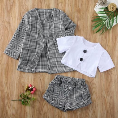 3 PCS Kids Spring Autumn Outfit Girls Clothes Plaid Coat Short Sleeve White T shirt Shorts Set Fashion Kids Formal Outfit 1-6 Y