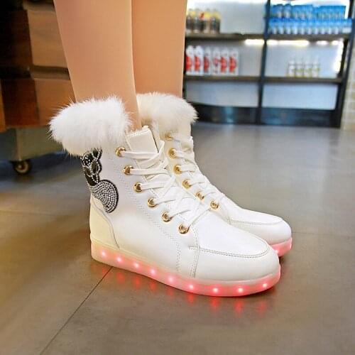 Women Shoes Luminous Sneakers Women Winter Fox Diamonds Warm Fur Shoese Winter Ladies Led Shoes with Lights Zapatos De Mujer