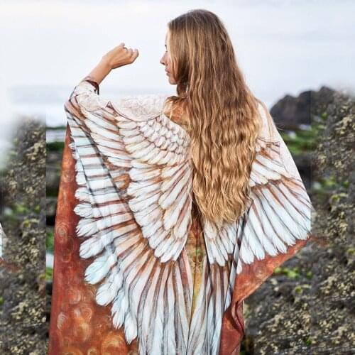 Summer Loose Cover Ups Dress Female Beachdress Boho Style Smock Wing Print Long Sleeve Bikini Pullover Top for Women Ladies New