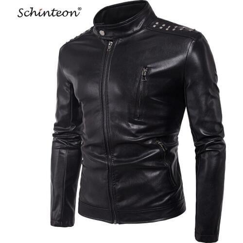 Plus Size Men Soft PU Leather Jacket Stand Collar Motorcycle Biker Jackets Rivet Casual Autumn Outwear Coat Black