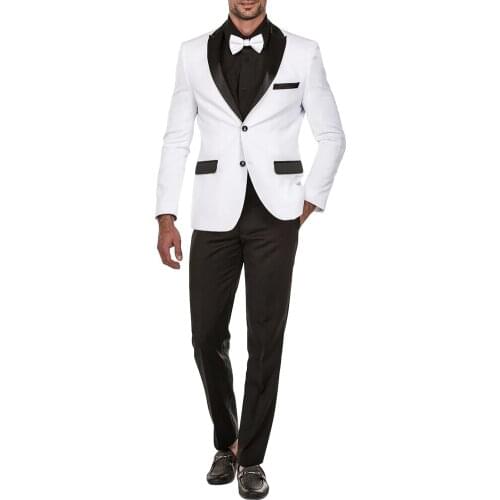 Custom Made Men Suits White and Black Groom Tuxedos Peak Lapel Groomsmen 2 Pieces Wedding Best Man ( Jacket+Pants+Tie ) C992