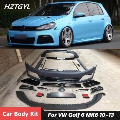 Unpainted PP Car Body Kit Front Rear Bumper Side Skirts Grille With Led Light For VW Golf 6 MK6 Facelift R20 Style 2010-2013