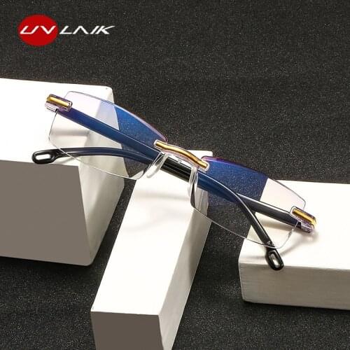 UVLAIK Men Rimless Reading Glasses Women Anti Blue Light Presbyopia Eyeglasses Fashion Magnification Glasses Diopter +1.5 +2.5