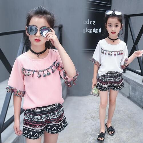 Girls Clothing Elegant Chiffon Set 4-14y Kids Tassel Patchwork Blouse +Flower Short Vintage School Style Princess Two Piece Set