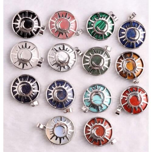 Wholesale 12pcs/Lot Natural Stone Quartz Round Shape Opal Tiger Eyes Malachite Hollow Out Sun Design Pendant Necklace HandMake