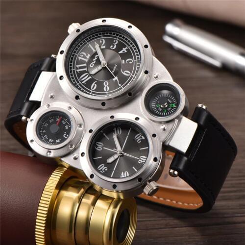 Oulm Unique Sports Mens Watches Top Brand Luxury 2 Time Zone Quartz Watch Decorative Compass Male Wrist Watch