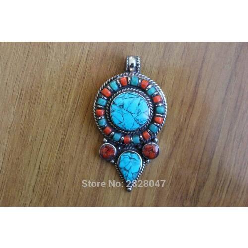 PN043 Handmade Nepal Pendant Ethnic Tibetan Copper Inlaid Colorful Natural Stone Pendant Necklace For Women