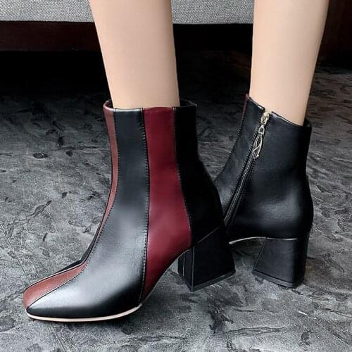 Pop Autumn new color matching womens boots square toe thick-soled high-heeled Vogue boots elegant and versatile womens shoe