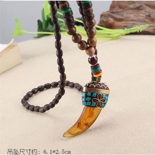 Retro Ethnic Nepalese Lotus Horns Prayer Wheel Pendant Necklaces for Women Chicken Wing Wooden Beads Sweater Chain Gifts