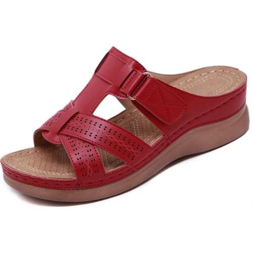 2021 Summer Women Wedge Sandals Premium Orthopedic Open Toe Slipper Vintage Anti-slip Leather Casual Female Platform Retro Shoes