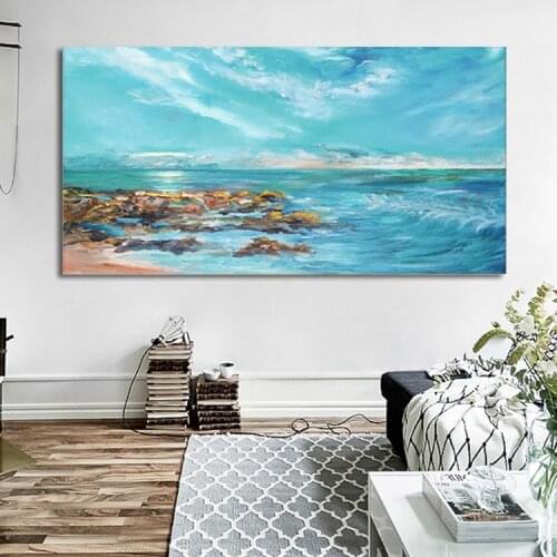 Modern Minimalist Seascape Banner Living Room Bedroom Decorative Painting Canvas Wall Art Landscape Blue Ocean Kitchen Decor