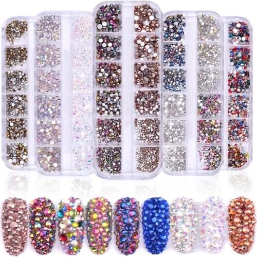 12 Grid 1440pcs Mix Sizes Glass Crystal Non Hot Fix Rhinestone Flatback Crystal 3D glitter Nail Art Rhinestones Decorations